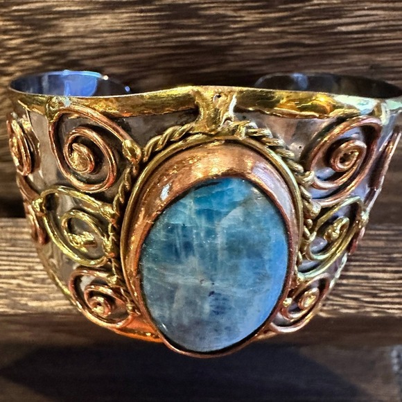 Artisan-Made 2-inch Wide Cuff Bracelet with Apatite Stone and Mixed Metals, Adj - Picture 5 of 12